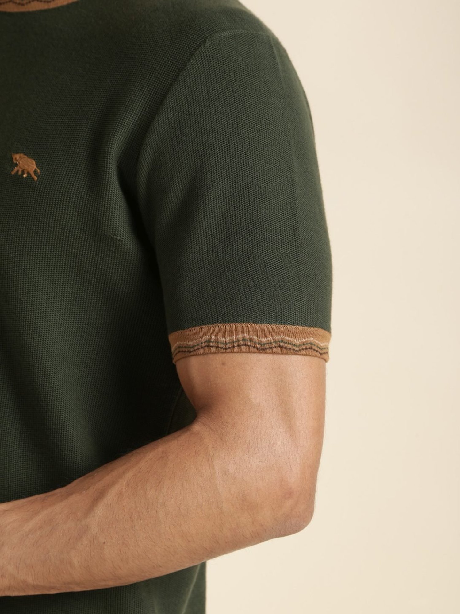 Andamen Olive Regular Fit Self Pattern T-Shirt