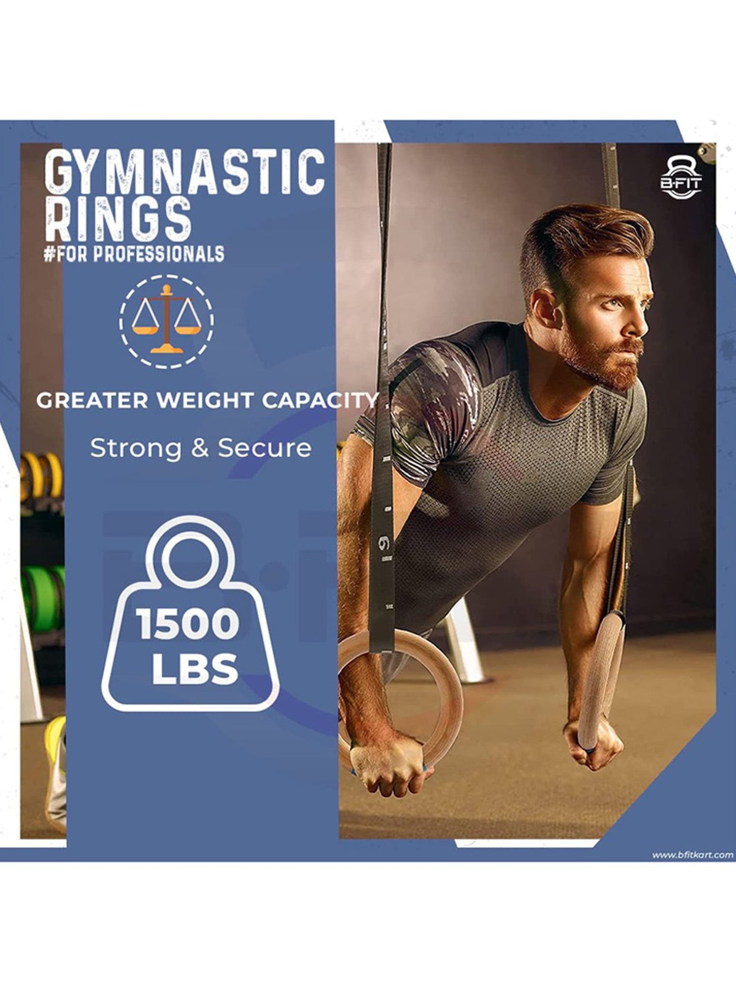 B Fit Wooden Gymnastic Rings with Heavy Duty Adjustable Straps (Black)