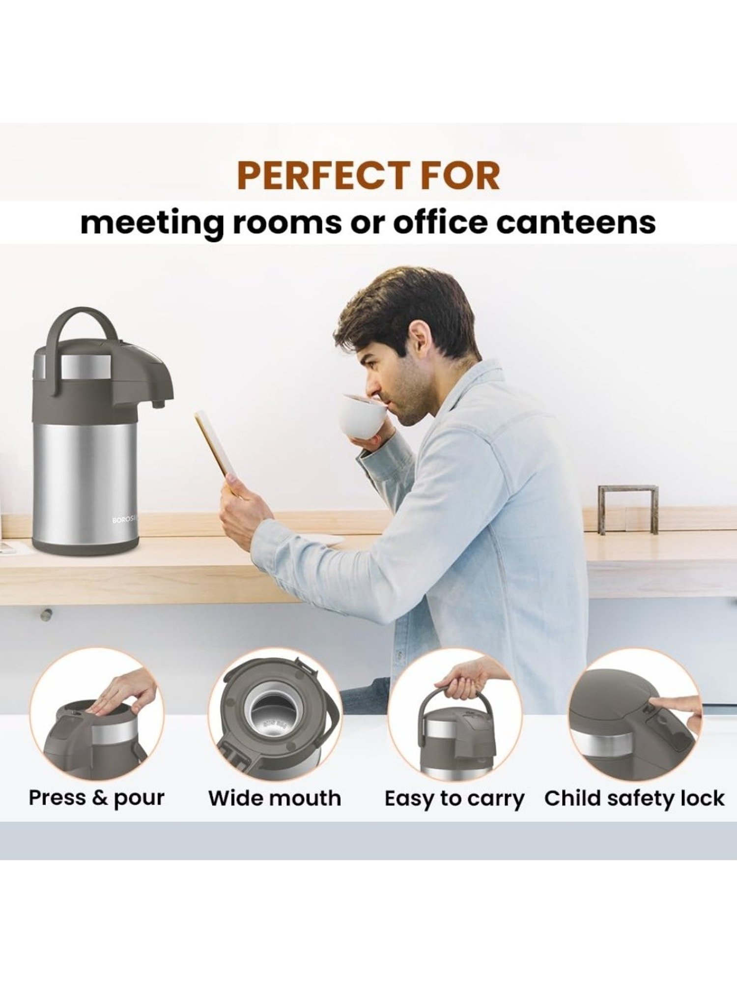 Borosil Silver Stainless Steel Thermos Flask 3L with 24 Hrs Hot & Cold Tea Coffee Serving