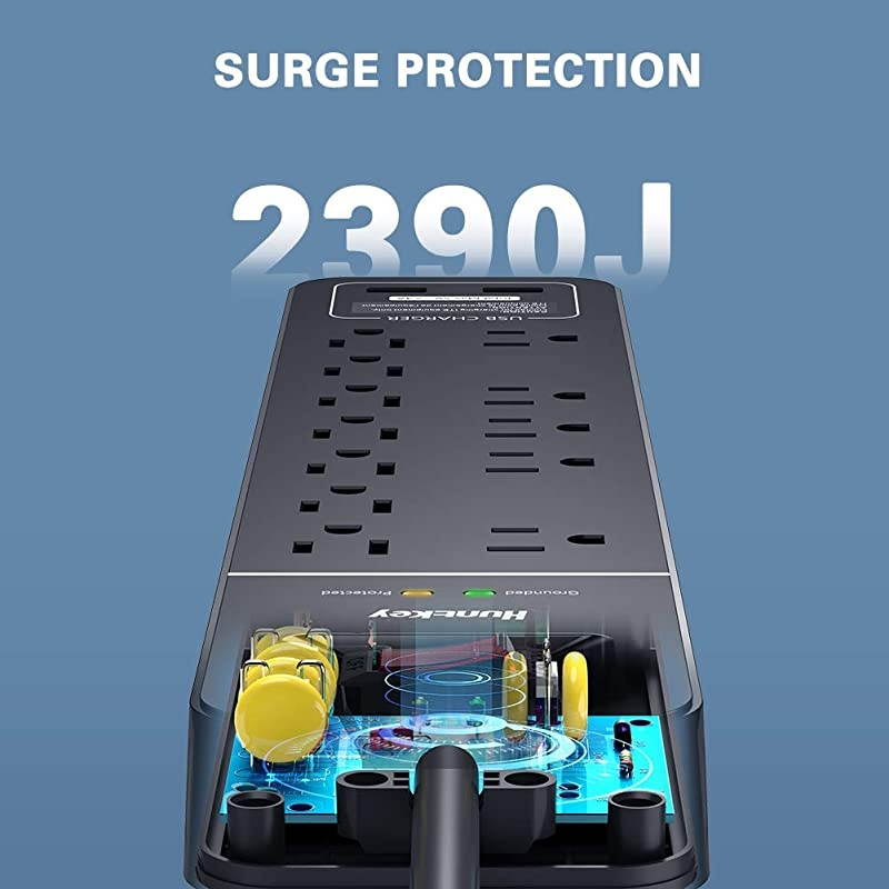 Power Strip Surge Protector  12 Overload Protection Outlet and 2USB Port 6Foot Heavy Duty Extension Cord for Home Office Hotel 2390 Joule