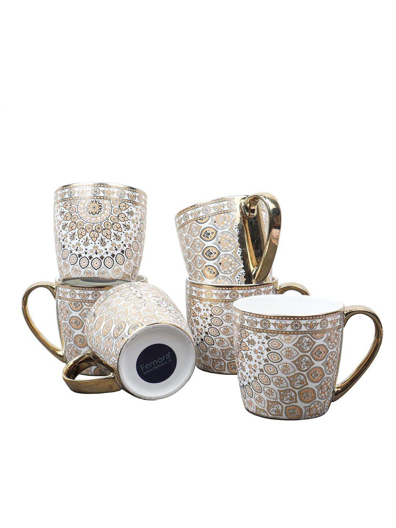 Femora Golden & White Bone China Tea Cup (0.16 L) - Set of 6