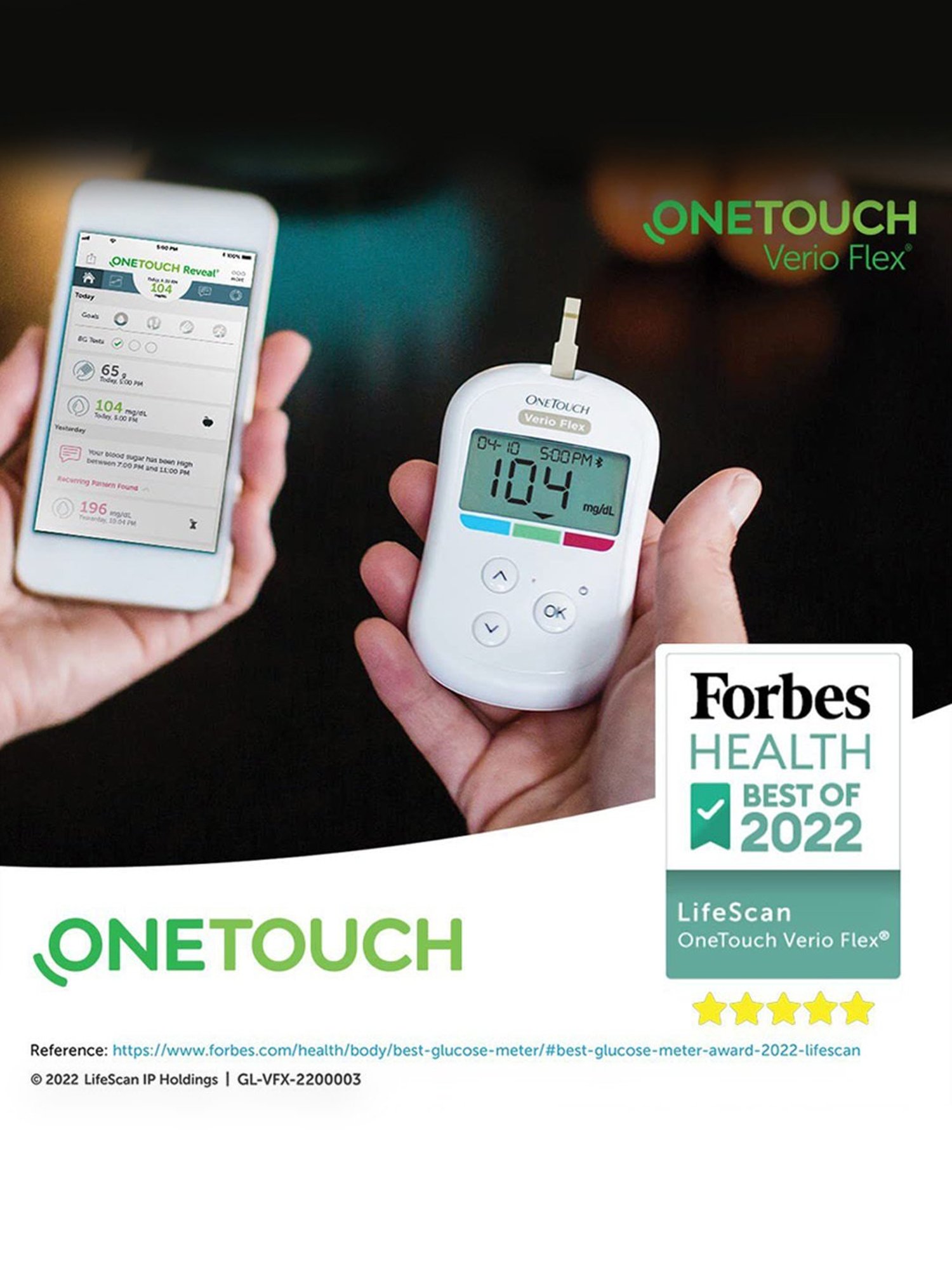OneTouch Verio Flex glucometer combo with 50 Test Strips & 60 lancets |Syncs results with mobile app