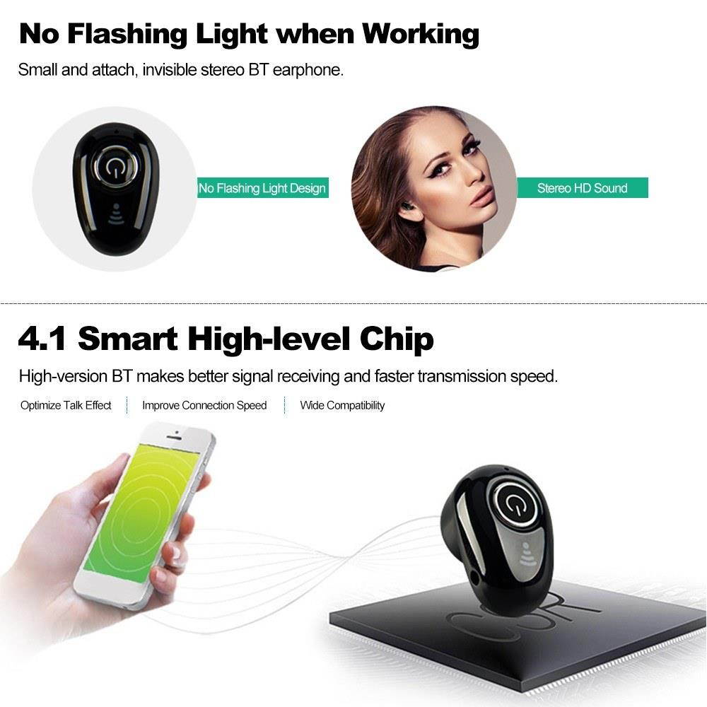 S650 Invisible 4g Earphone Bluetooth 4.1 Headphones In-ear Headset Stereo Music Earphone Smart Phone Earbuds Hands-free with Microphone Black