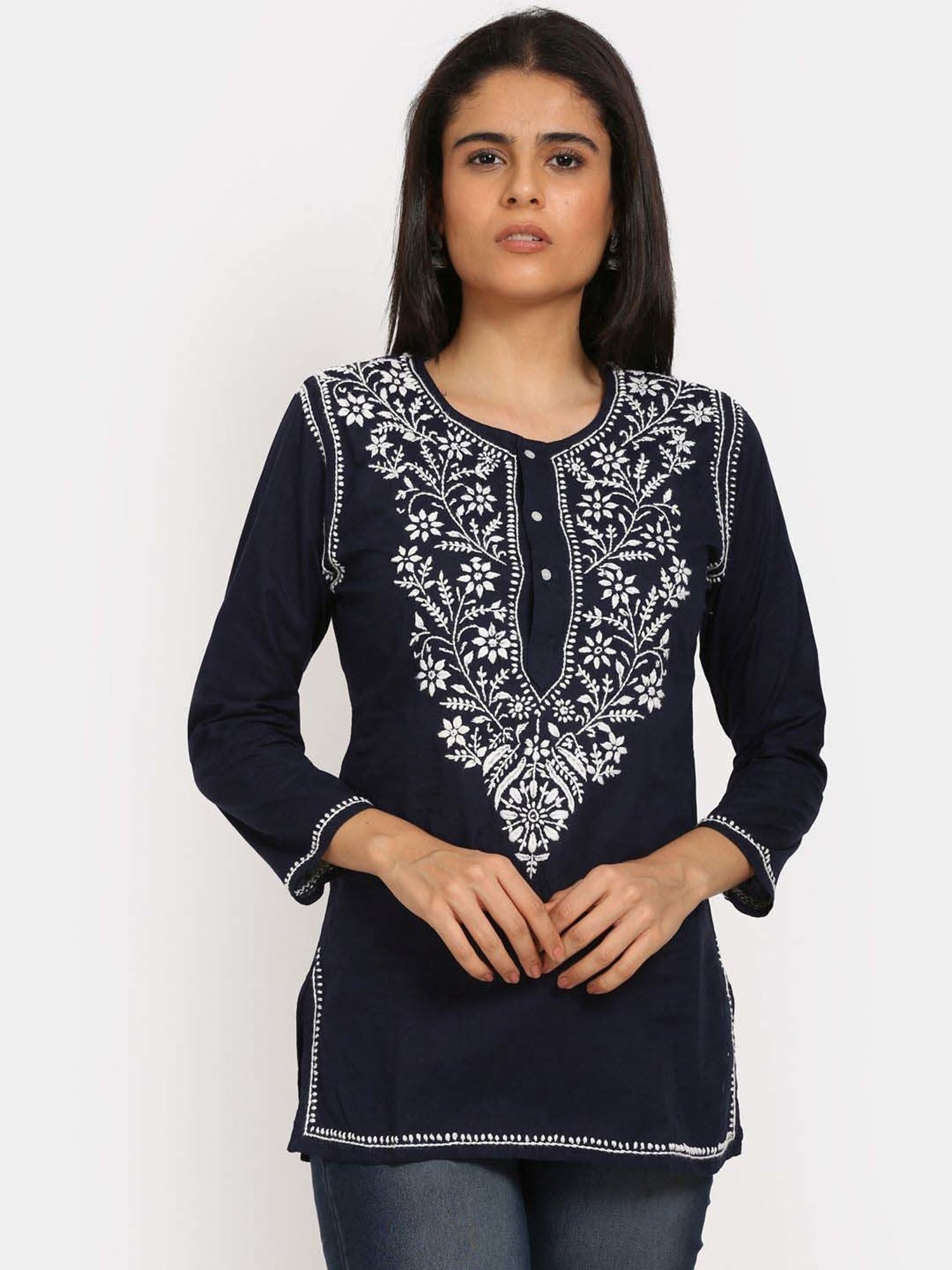 PARAMOUNT CHIKAN Navy Cotton Chikankari Straight Kurti