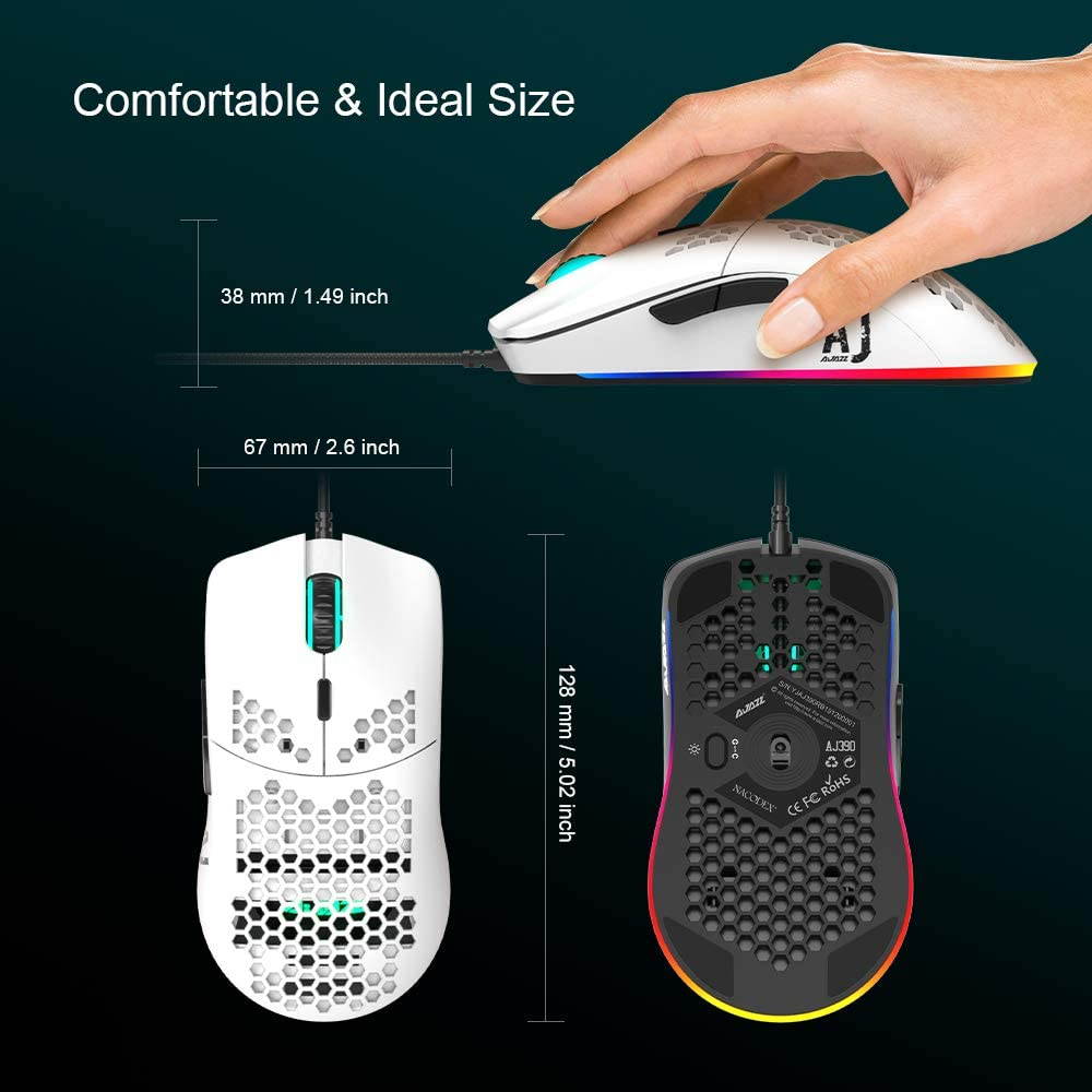 A-jazz AJ390 Gaming Mouse with 16,000 DPI Optical Sensor Chroma RGB Lighting,69g Lightweight Honeycomb Shell, Ultraweave Cable,6 Programmable Buttons for PC Gamer
