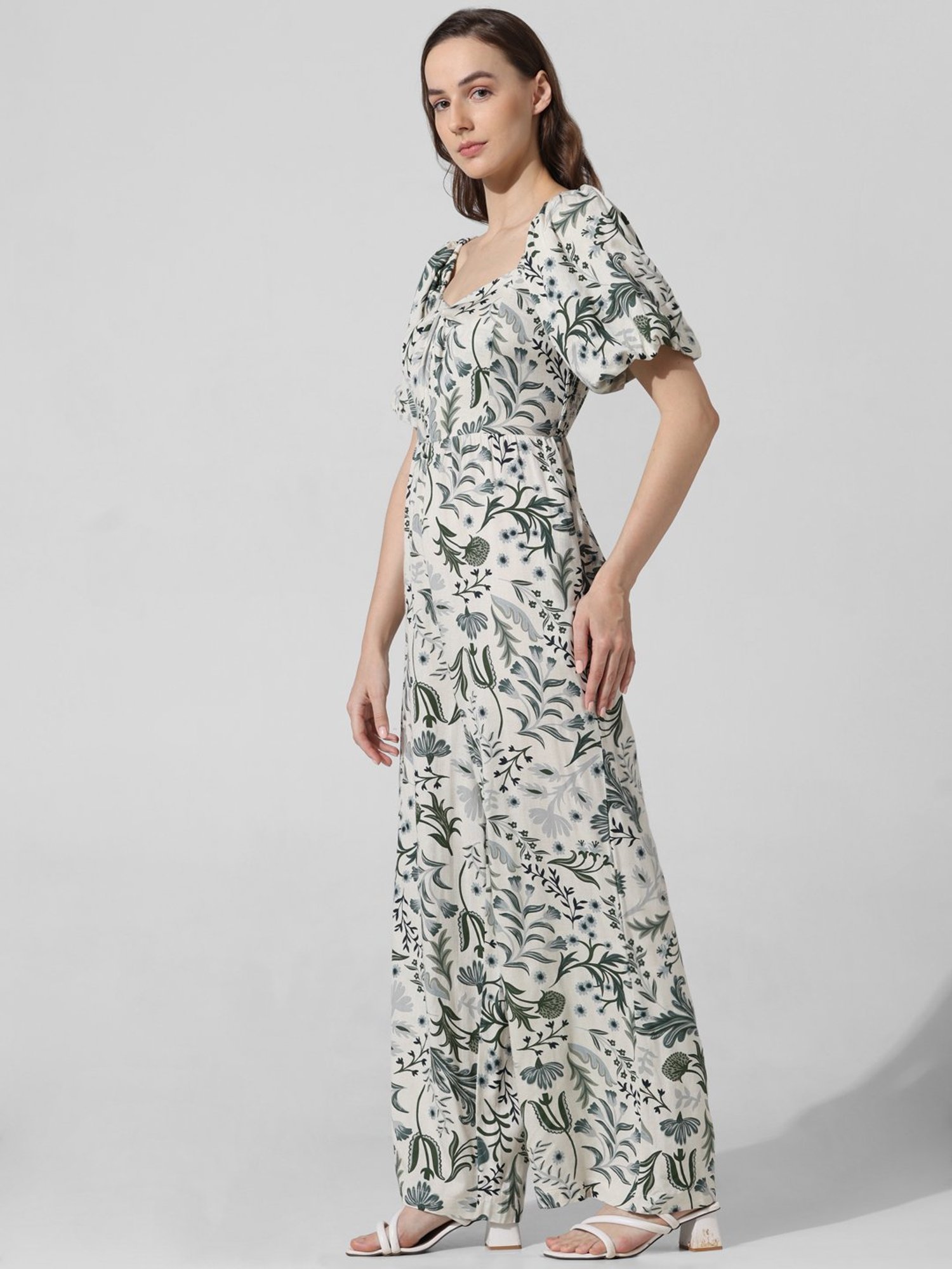 Only White & Green Cotton Floral Print Jumpsuit