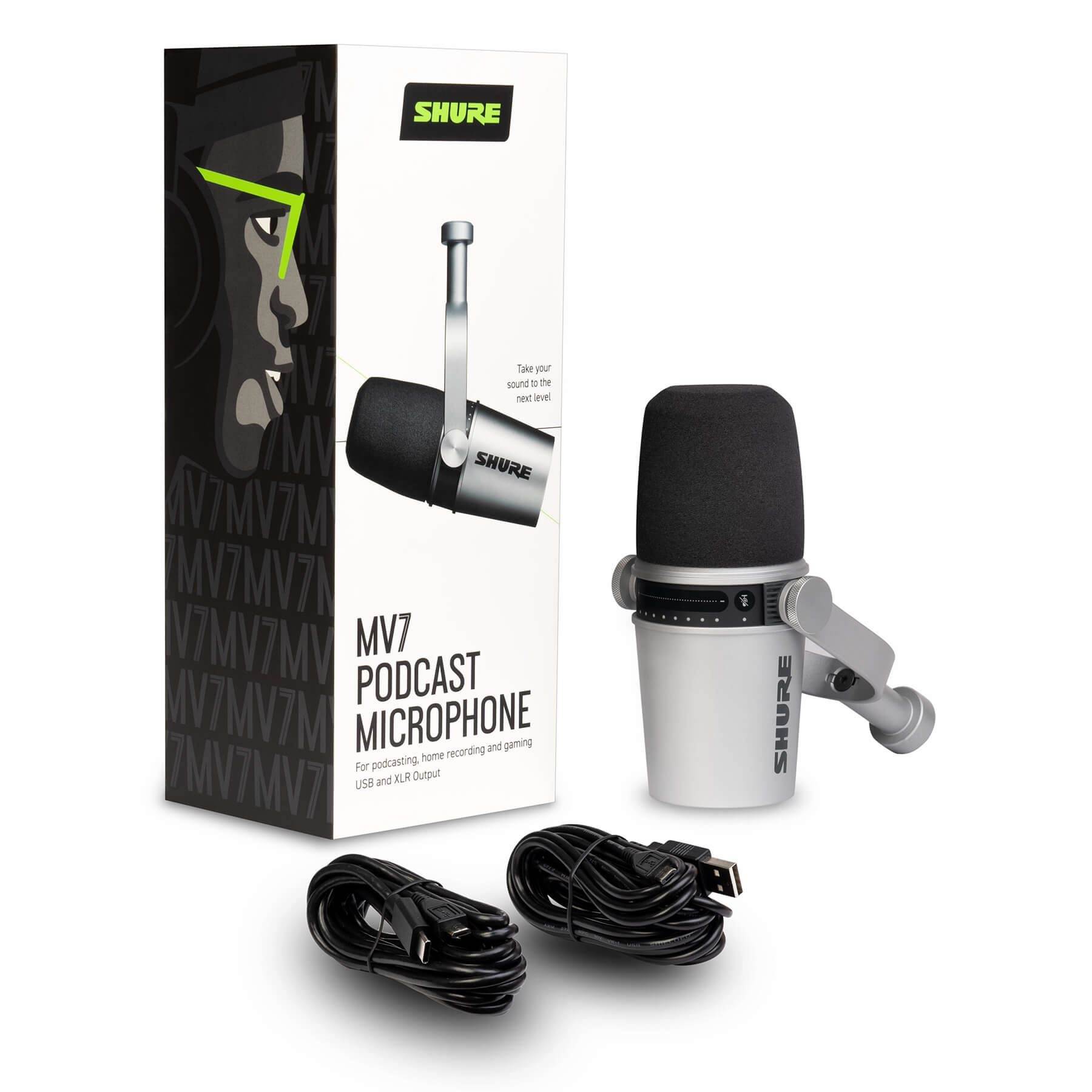 Shure MV7-K Podcast Microphone. Silver