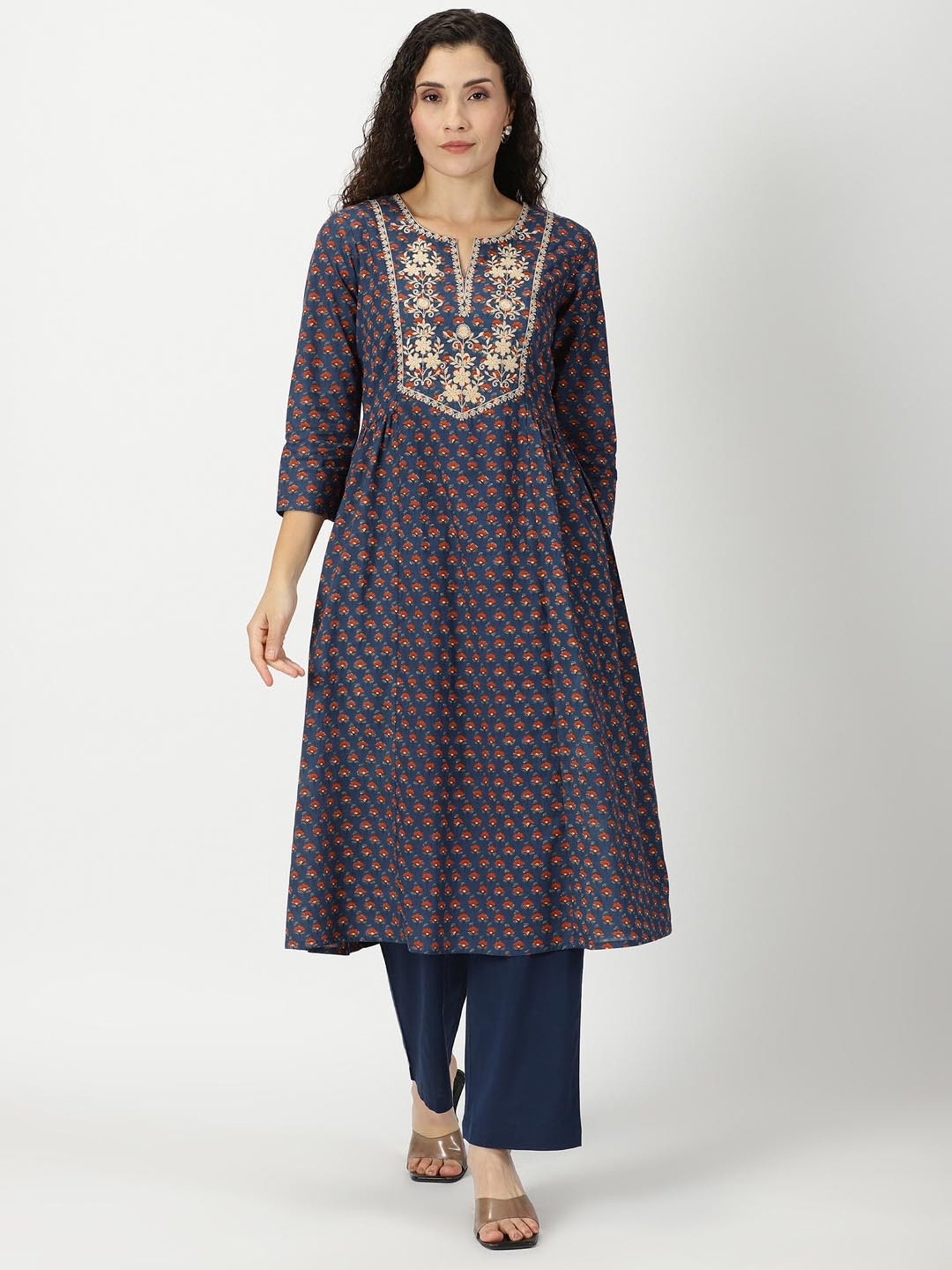 Saffron Threads Blue Cotton Floral Print A Line Kurta