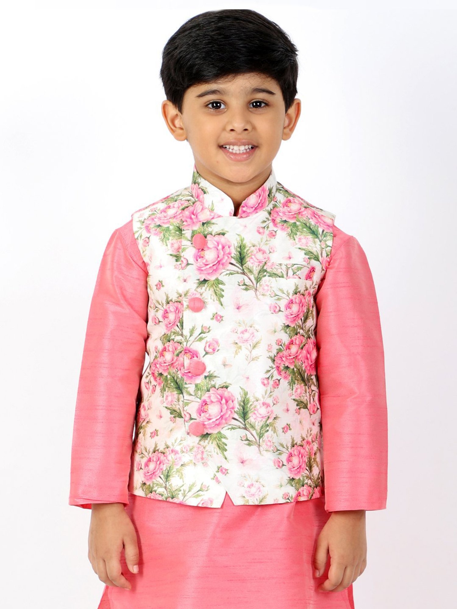 VASTRAMAY Kids Pink & White Floral Print Nehru Jacket