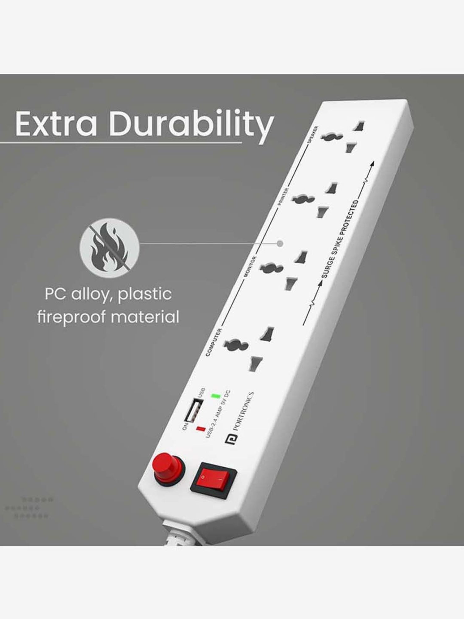 Portronics Power Plate 4 POR-1292 with 4 Power Sockets and USB Port Surge Protector (White)