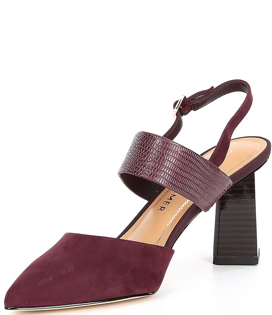 Gibson & Latimer Margo Croco Embossed Leather Suede Pointed Toe Block Heel Pumps