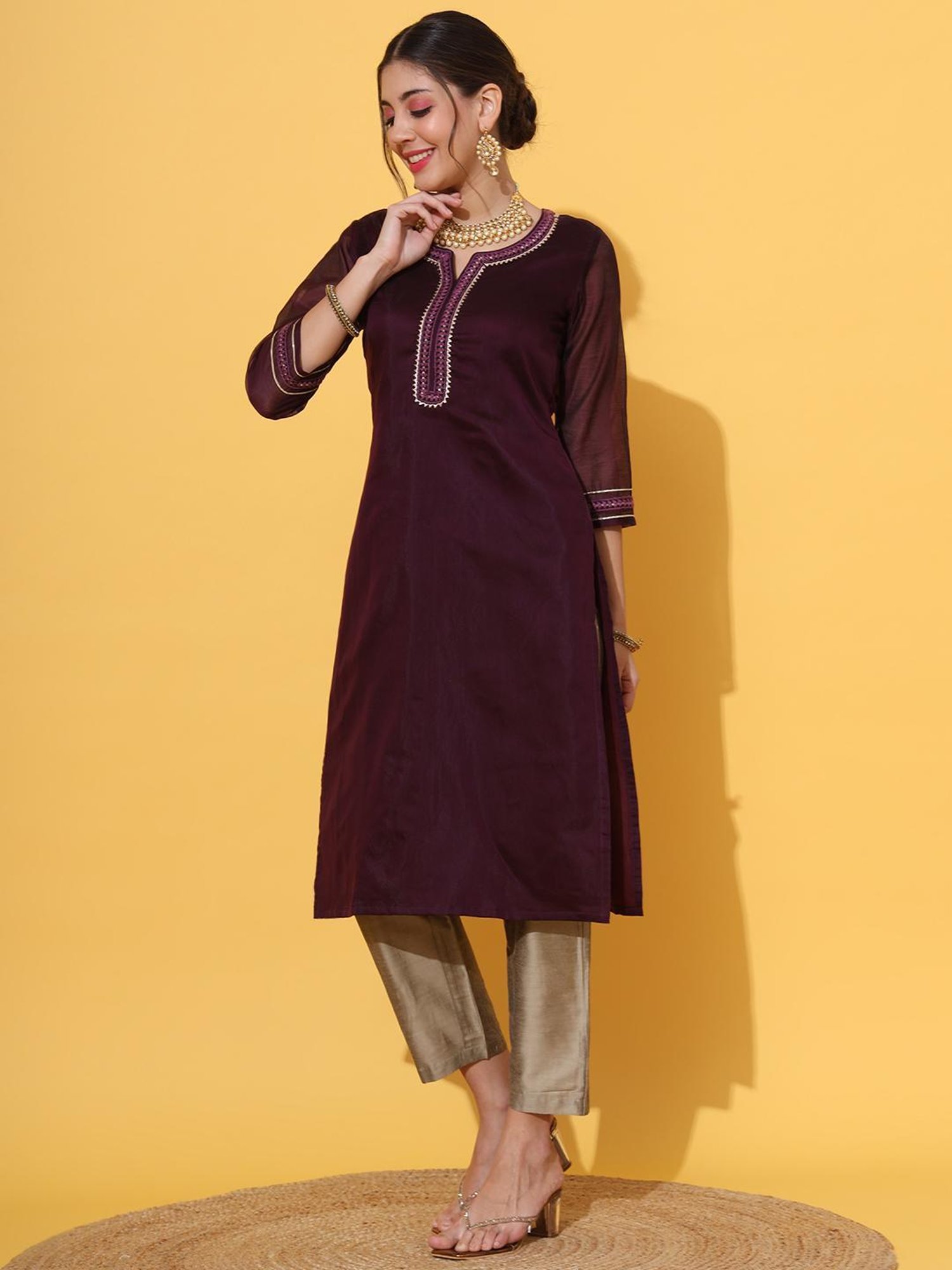 DECKEDUP Wine Embellished Kurta With Pants