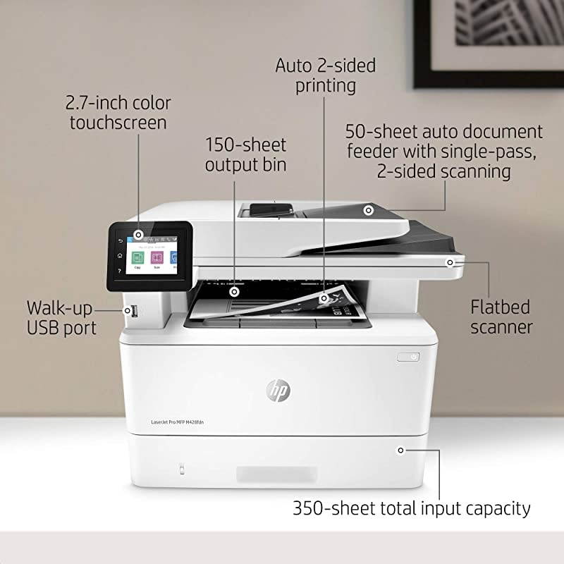 LaserJet Pro MFP M428fdn Monochrome Duplex Laser Printer, 38ppm, 1200x1200 dpi, 250 Sheet Standard Input Tray, USB 2.0 and Ethernet Connectivity - Print, Scan, Copy, Fax, Email