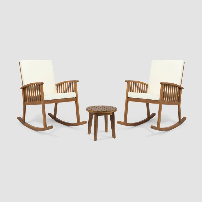 Abbottsford 3pc Acacia Wood Rocking Chairs and Side Table Set - Brown/Cream - Christopher Knight Home
