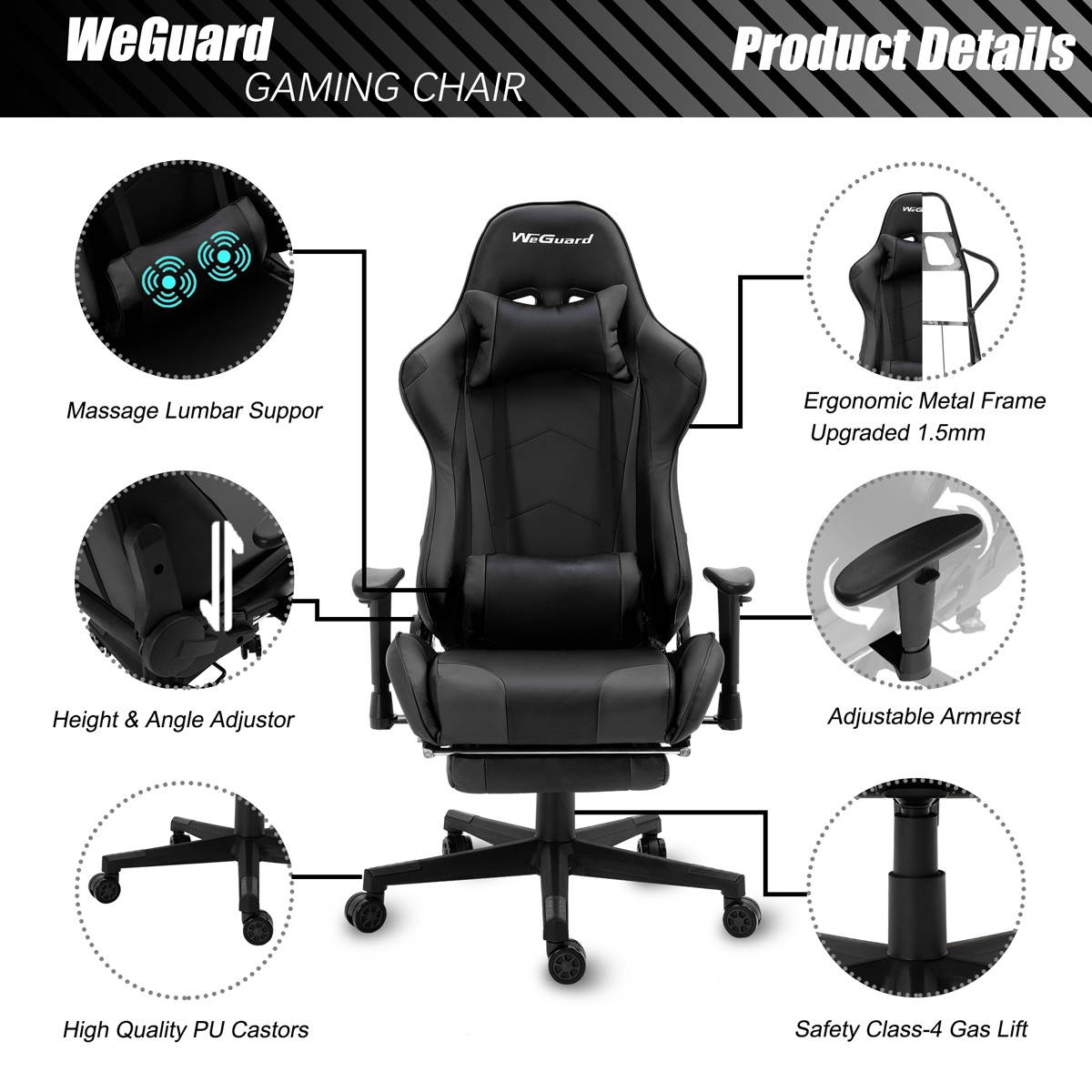Gaming Chair Racing Style Office Chair Adjustable Massage Lumbar Cushion Swivel Rocker Recliner Leather High Back Ergonomic Computer Desk Chair with Retractable Arms and Footrest (Black)