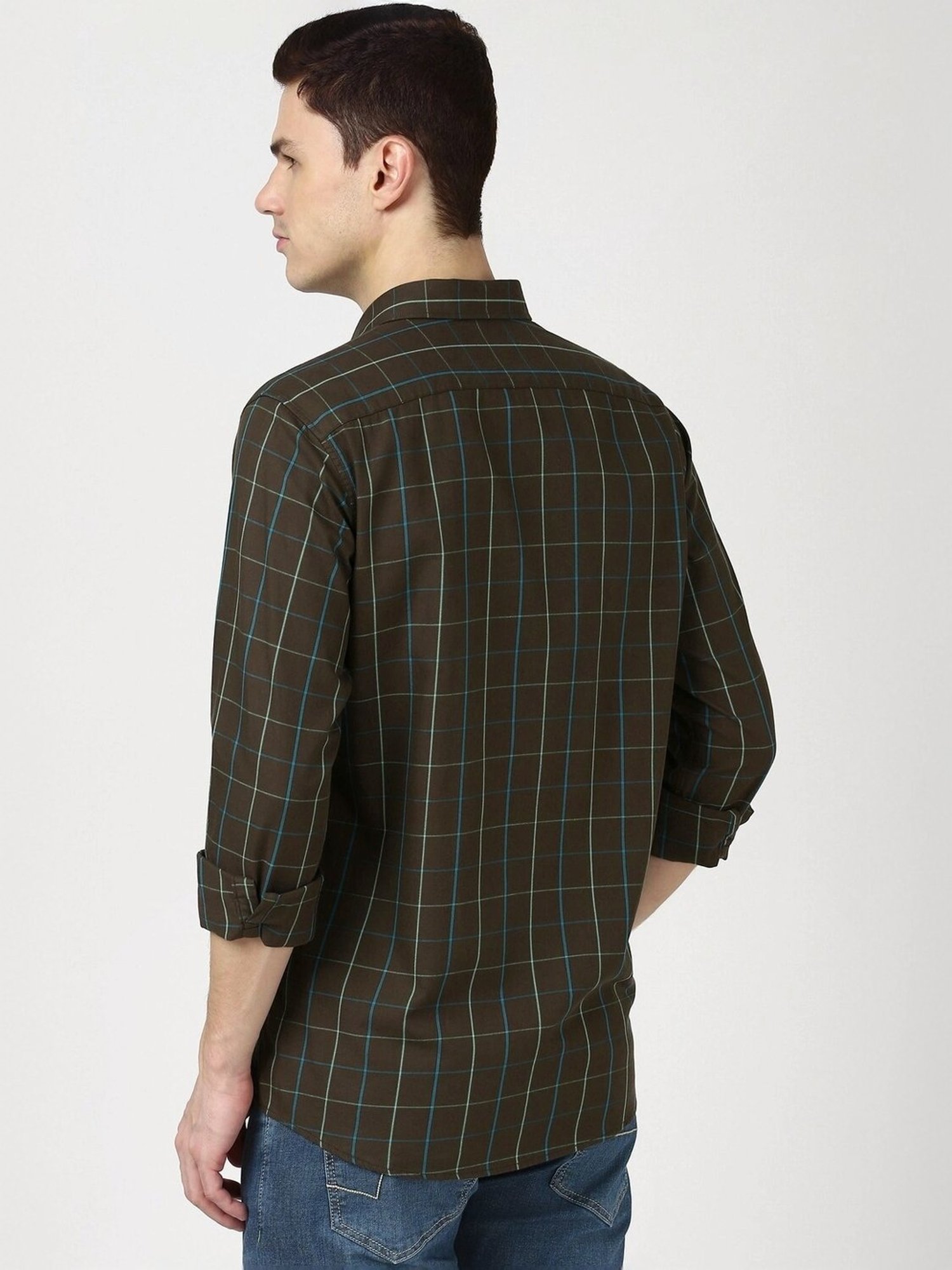 Peter England Brown Cotton Slim Fit Checks Shirt