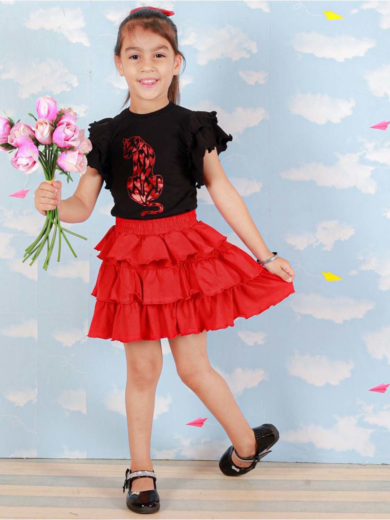 The Mom Store Kids Black & Red Cotton Printed Top Set
