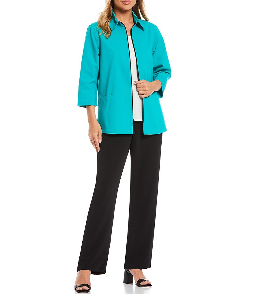 Caroline Rose Summer Stretch Zip Front Stretch Cotton Blend Pocket Jacket