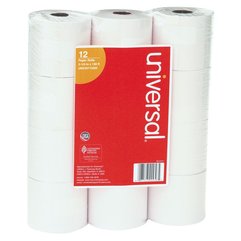 Universal Adding Machine/Calculator Roll, 16 lb, 2-1/4"x130', White, 12/Pack