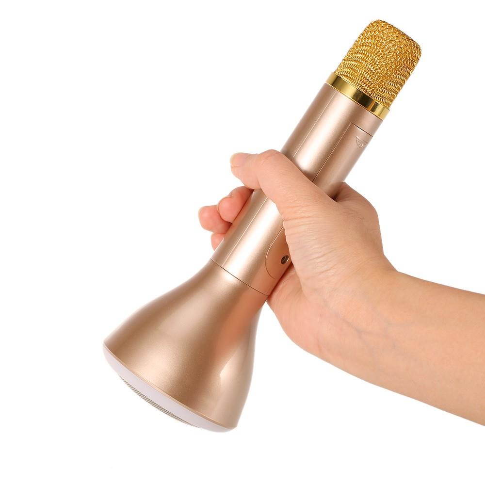 K188 Karaoke Player Wireless Bluetooth Condenser Microphone LED Light TF Card 3.5mm AUX-IN with Mic Speaker KTV Singing Record for Smart Phones Computers Gold