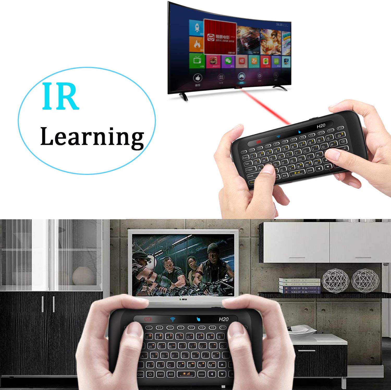 STANSTAR 2.4Ghz H20 Mini Wireless Keyboard and Touchpad Mouse Combo,7 Colors Adjustable, Rechargeable Auto-Rotation of Touch Panel Handheld Remote Control for Android TV Box, Projector, IPTV, HTPC, PC