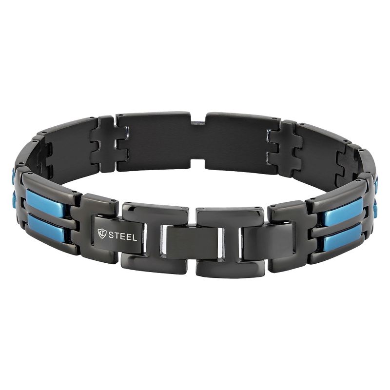 Men's Crucible Black Plated Two-Tone Stainless Steel Blue Striped ID Link Bracelet (14mm) - Black/Blue (8.25")