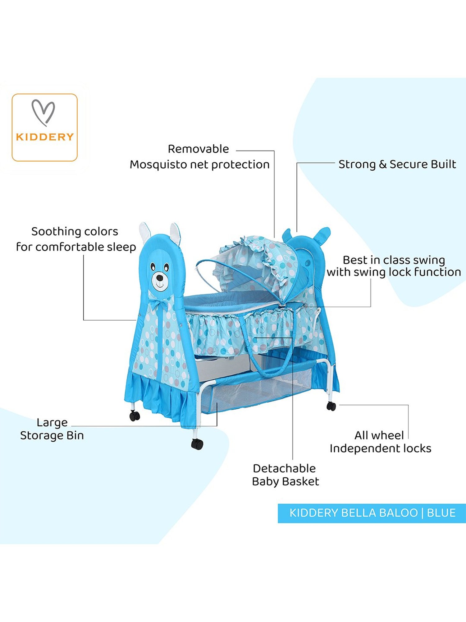 Kiddery Blue Baby Bassinet with Mosquito Protection Net (Age 0-8 Months)