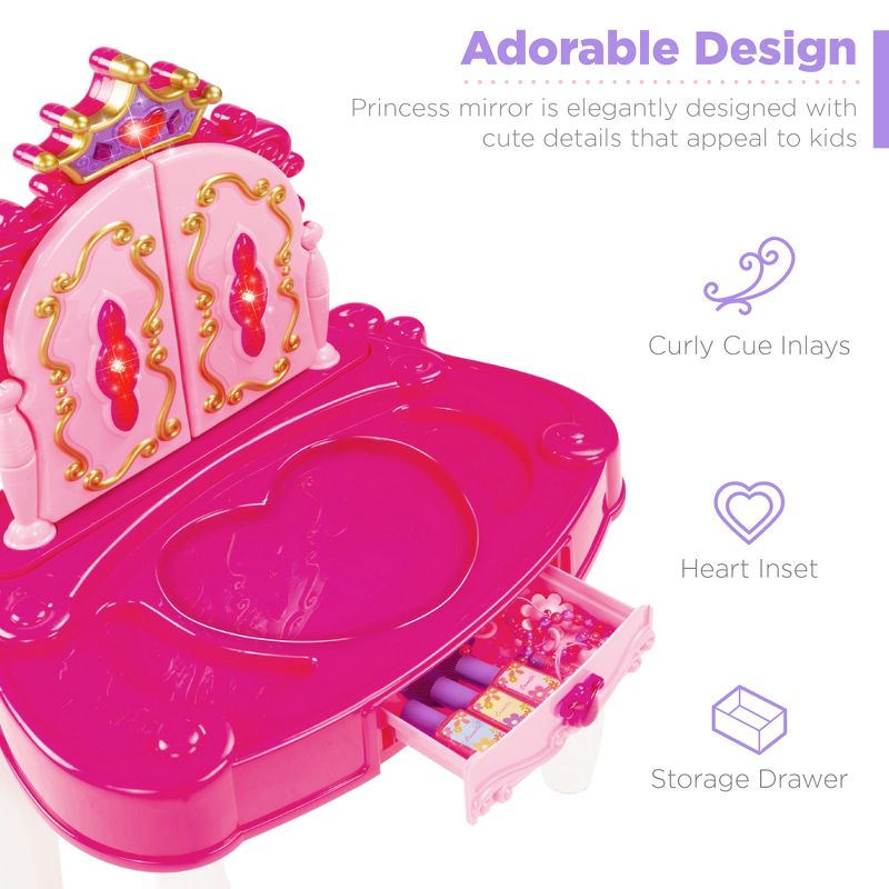 Best Choice Products Kids Vanity Mirror Set Girl Pretend Play Toy w/ Magic Wand Remote, Hairdryer, Stool & Accessories