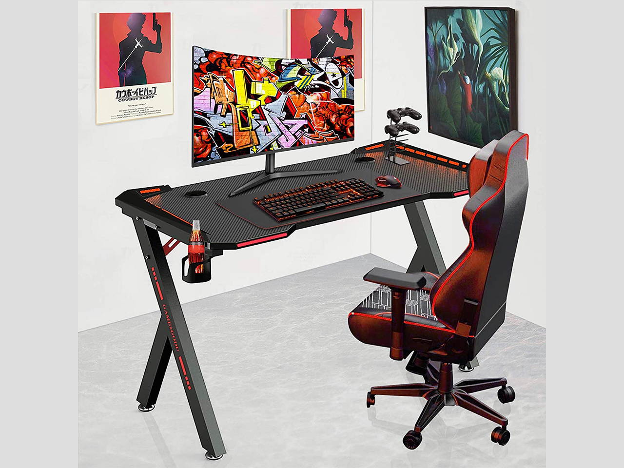 Gaming Desk, 55 Inch Gaming Table, PC Computer Workstation with LED RGB Lights, Headphone Hook and Cup Holder for Home, Black