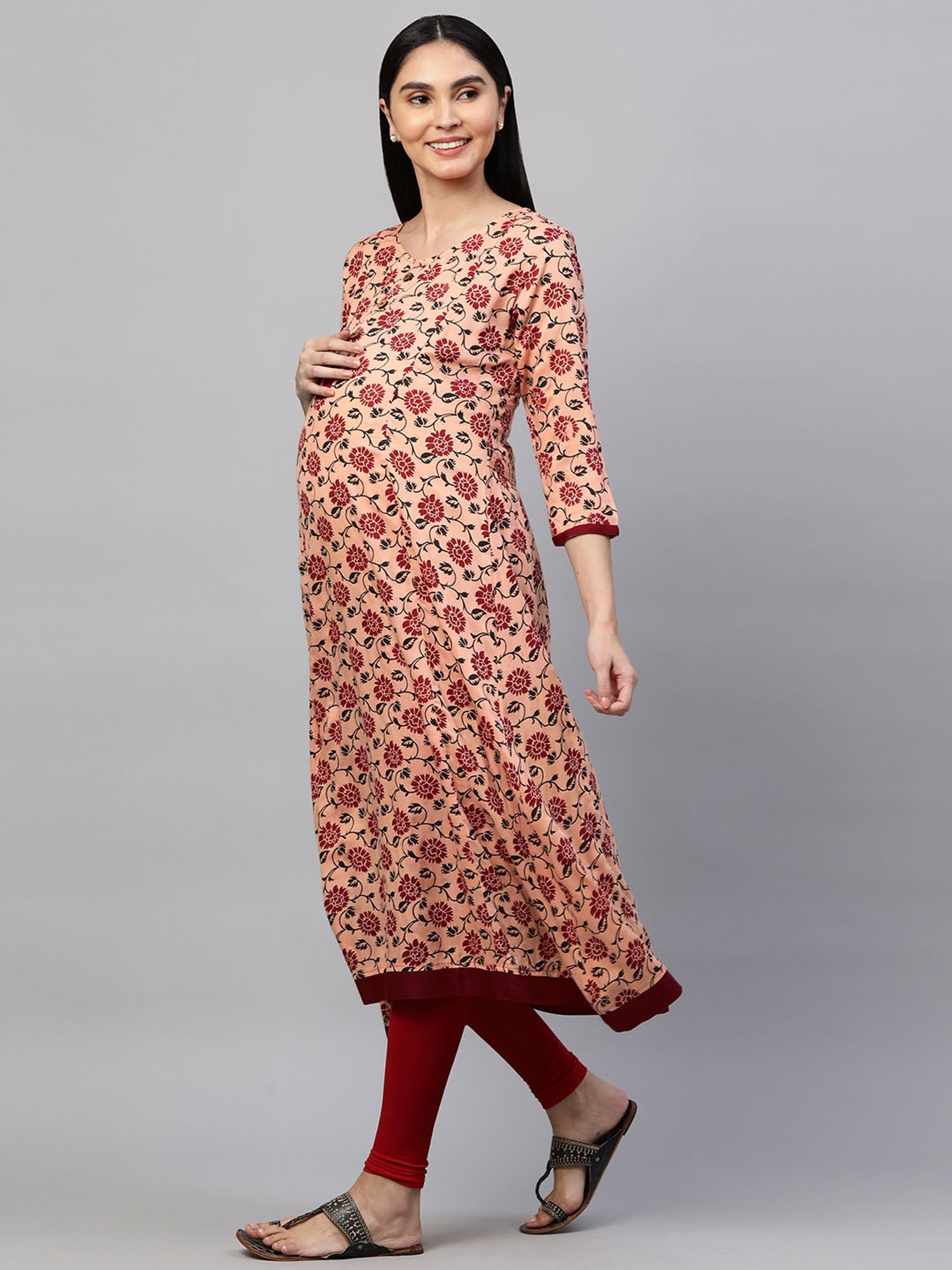 MomToBe Peach Floral Print Maternity Kurta