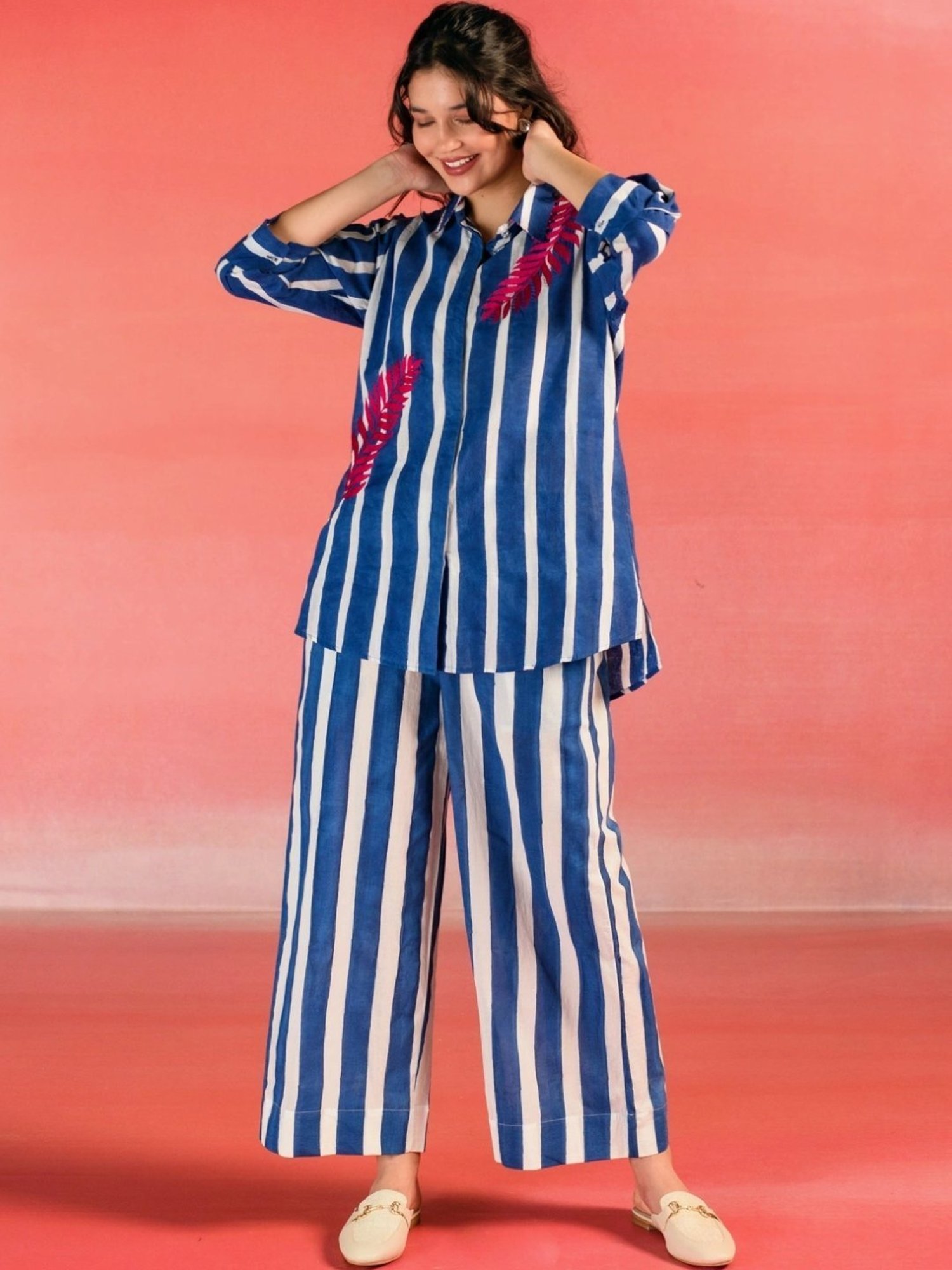 Kameez by Pooja Blue & White Stripes Cotton Shirt with Pant Co-ord Set