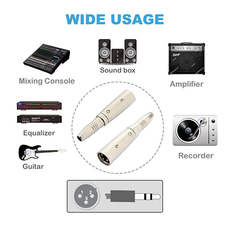 XLR 3-pin Male to 1/4 inch 6.35mm Female Socket Audio Adapter Gender Changer Connector, Silver, 2 Pack -