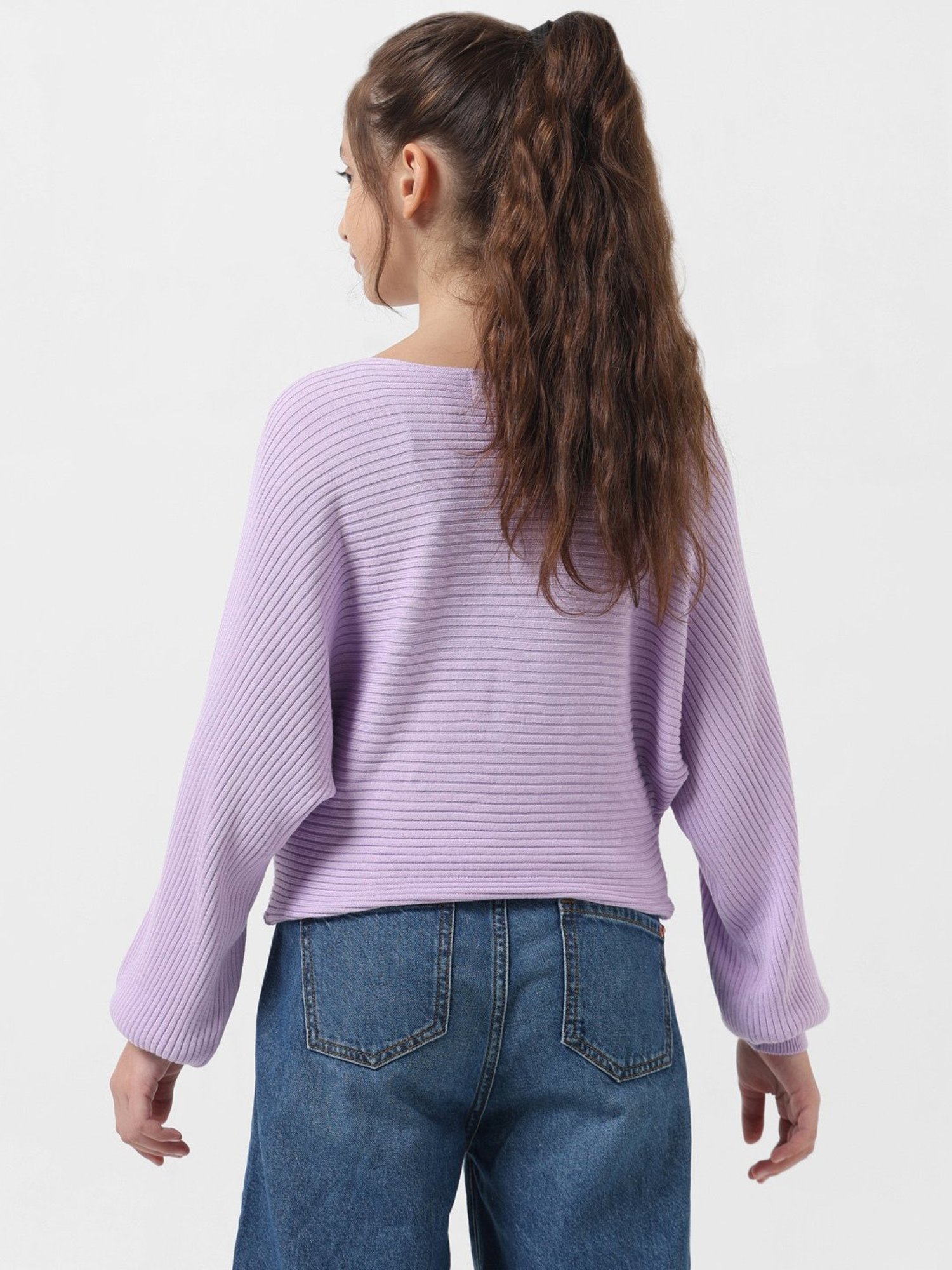 VERO MODA GIRL Lavender Self Design Full Sleeves Sweater