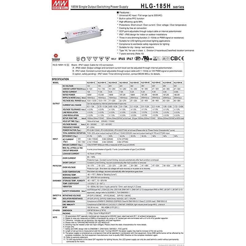 LED Driver Single Output Switching Power Supply 54 Volts 345 Amps 27 54 Volts Model A 185W HLG185H54A
