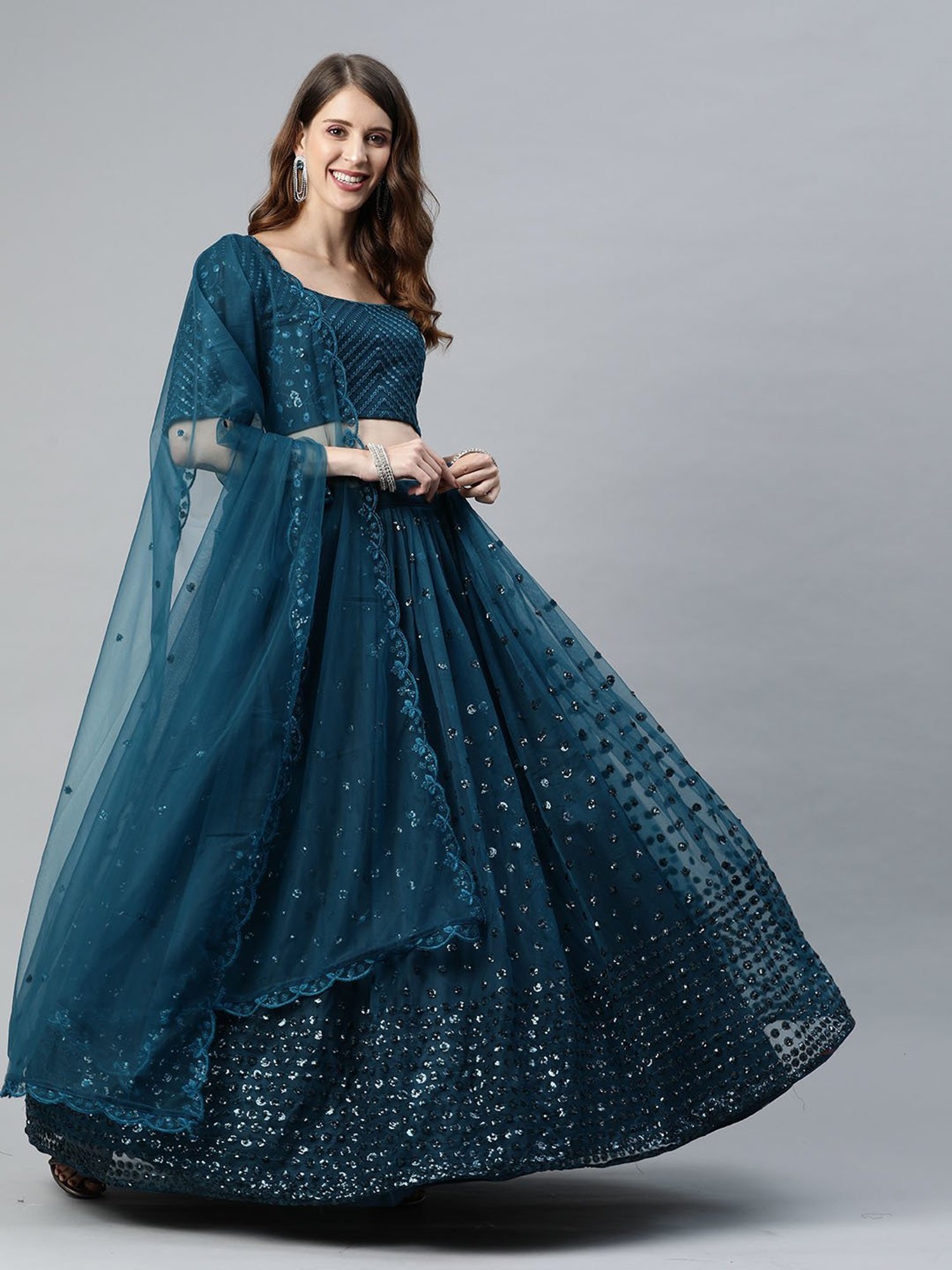 SHUBHKALA Teal Embellished Lehenga Choli Set With Dupatta