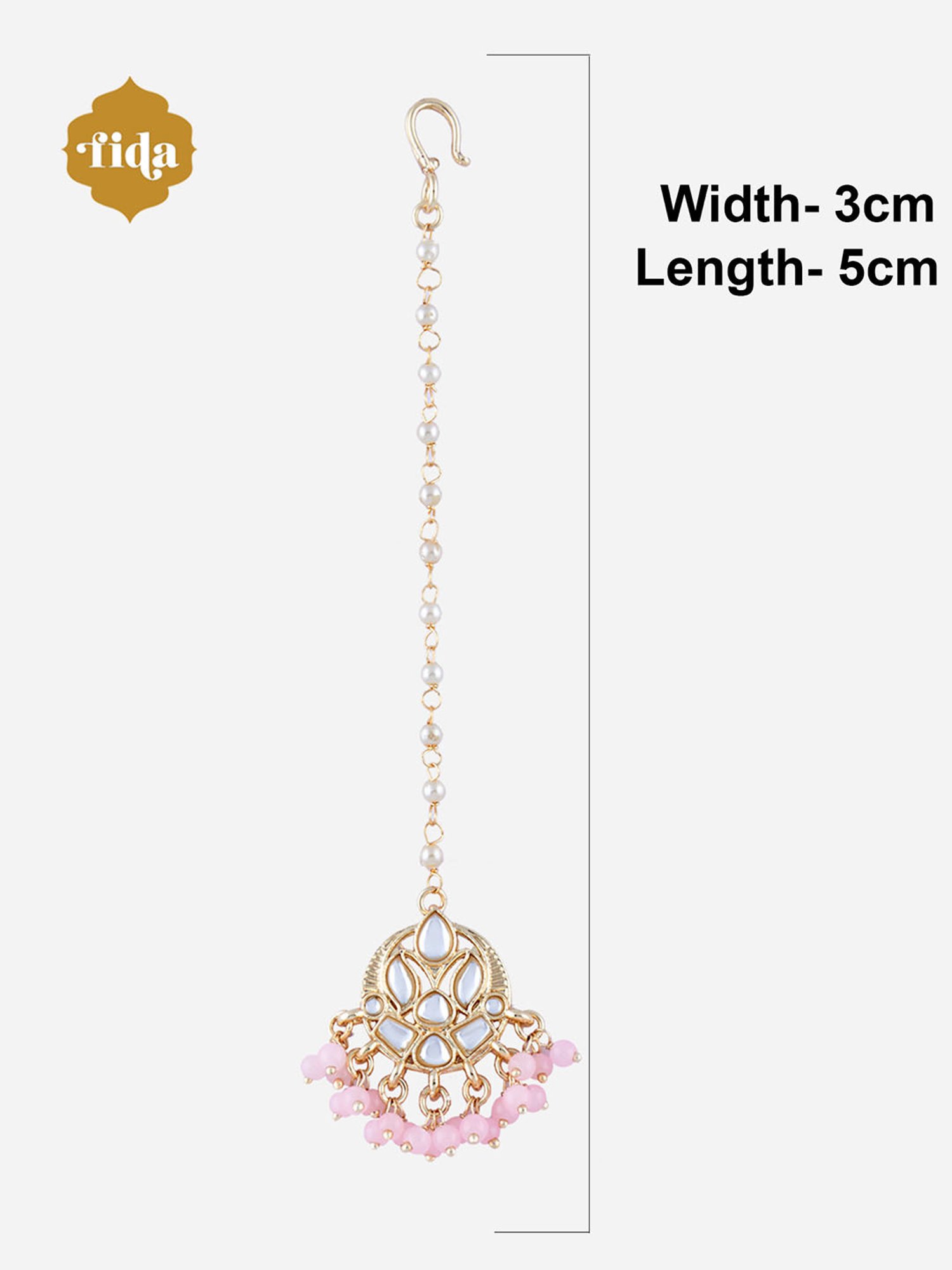 Fida Pink Beads Kundan Crescent Maangtikka & Earring Set for Women