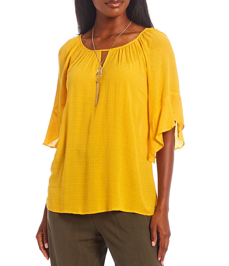 I.N. Studio Keyhole Neck 3/4 Raglan Bell Sleeve Necklace Top