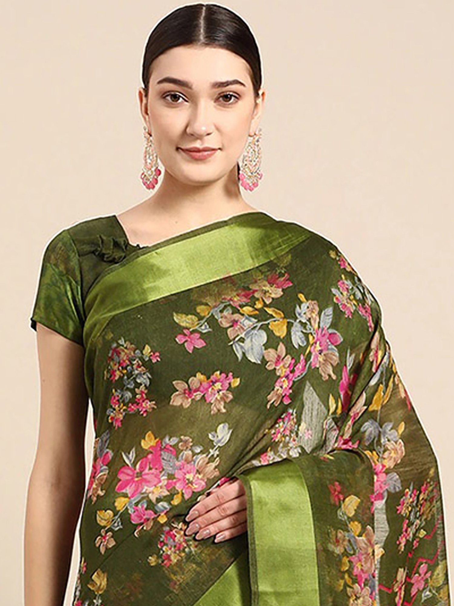 Vaamsi Green Silk Floral Print Saree With Unstitched Blouse