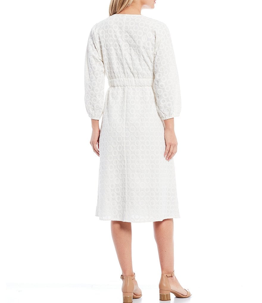 Reba Embroidered V-Neck 3/4 Sleeve Self Tie Button Front Eyelet Dress