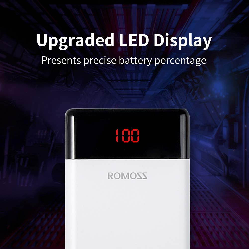 ROMOSS 20000mAh Power Bank with LED Display, USB C Portable Charger with 2 Outputs & 3 Inputs External Battery Pack Cell Phone Charger Battery Compatible with iPhone 11, Xs Max, iPad Pro, Samsung S20