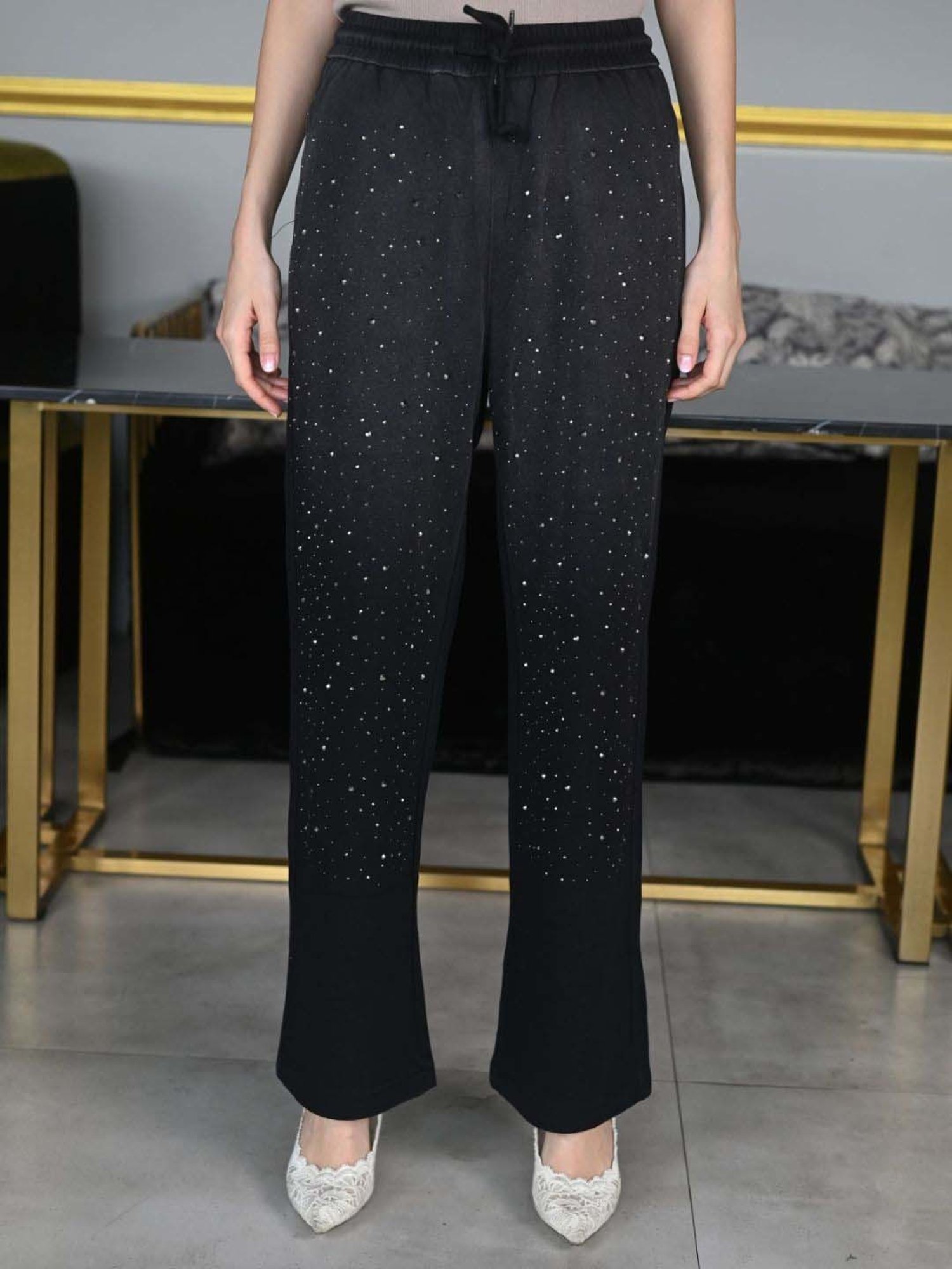 Odette Black Cotton Embellished Flared Pants