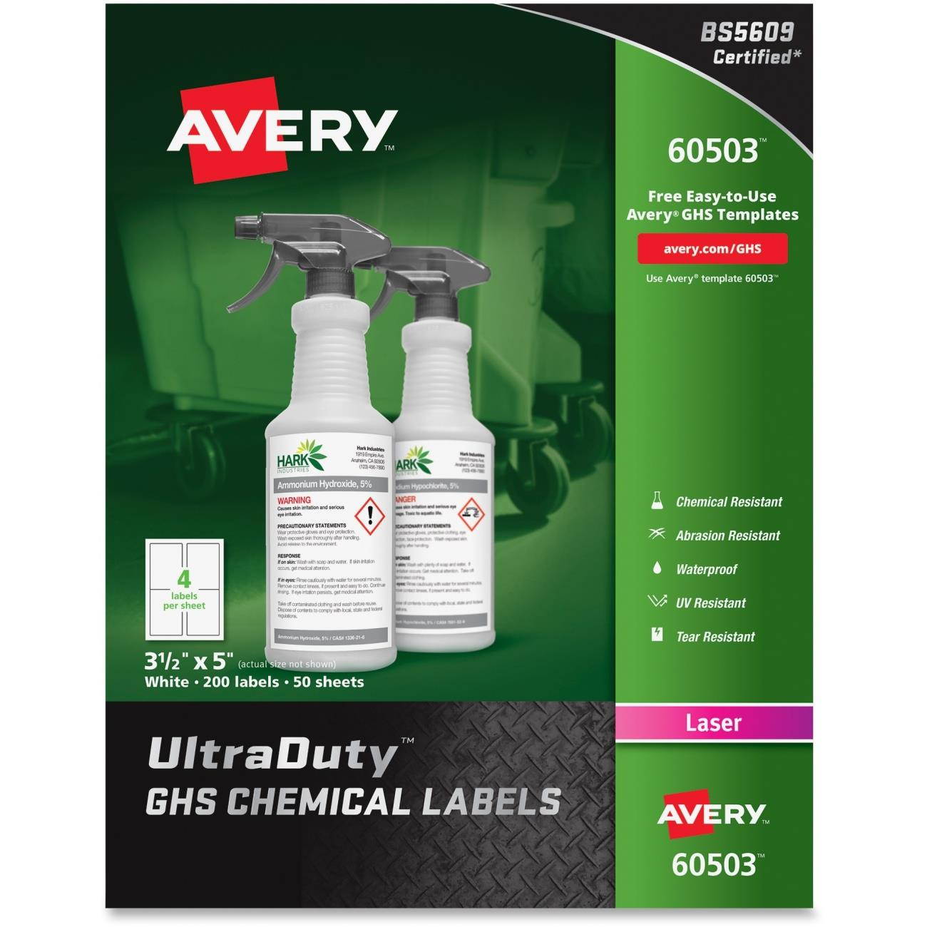 AVERY 60503 3-1/2" x 5" GHS Chemical Labels for Laser Printers, 200
