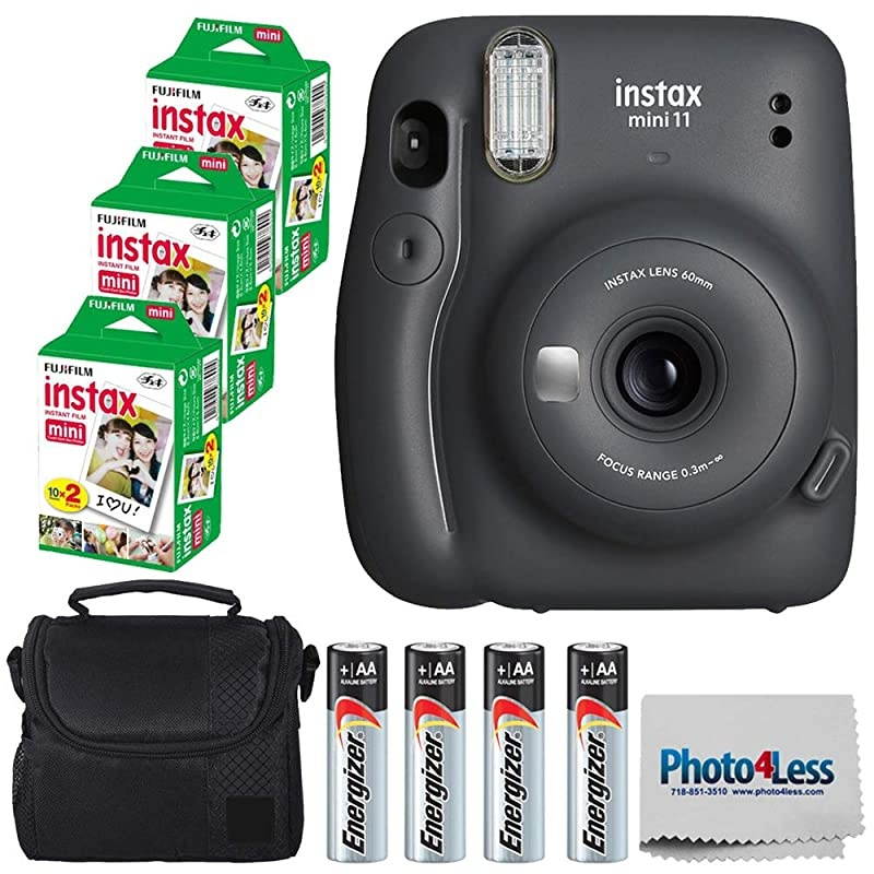 Instax Mini 11 Instant Camera Charcoal Grey 16654786 + 3x Packs  Instax Mini Twin Pack Instant Film + Batteries + Case Instant Camera Bundle