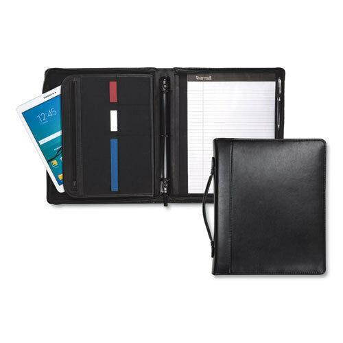 Leather Multi-Ring Zippered Portfolio, Two-Part, 1" Cap, 11 x 13 1/2, Black