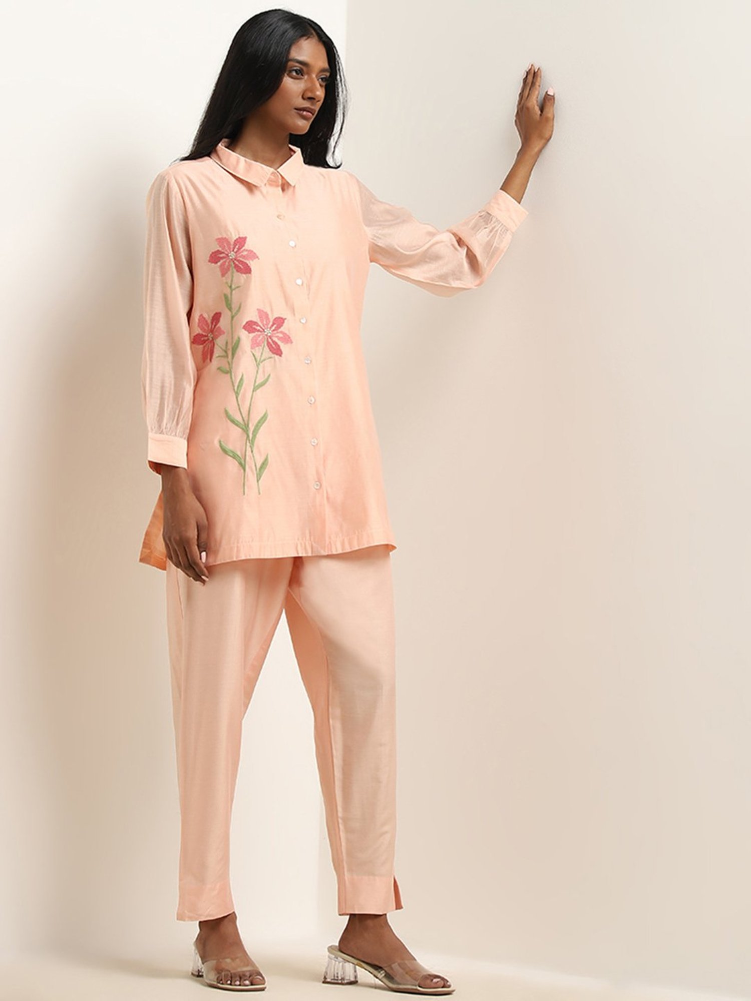 Vark by Westside Peach Floral Embroidered Straight Tunic with Pants Set