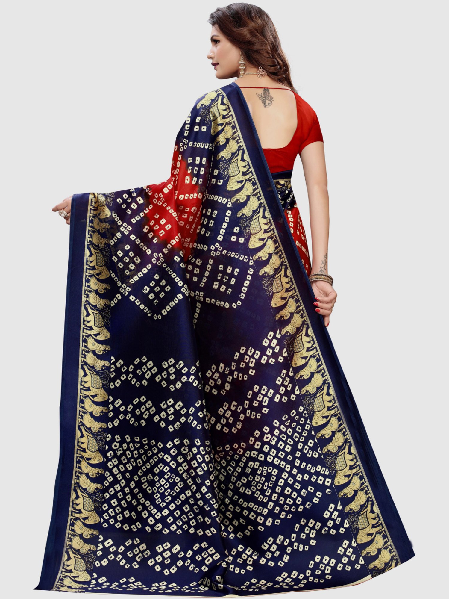 KSUT Navy & Red Printed Saree With Blouse