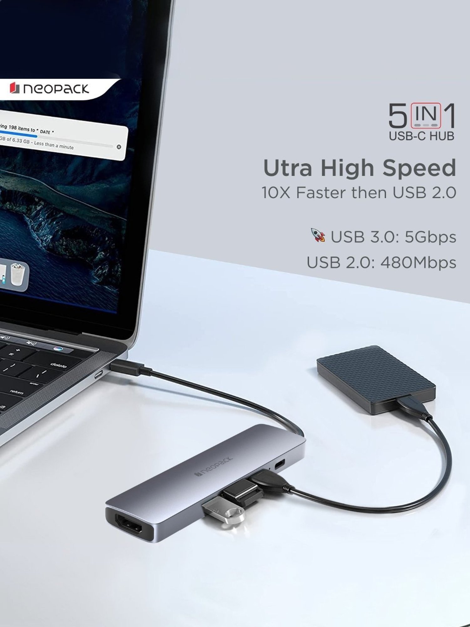 Neopack 5 in 1 USB C Hub Multiport Adapter with HDMI 4K 30Hz, USB 3.0 5Gbps Data Ports (Silver)
