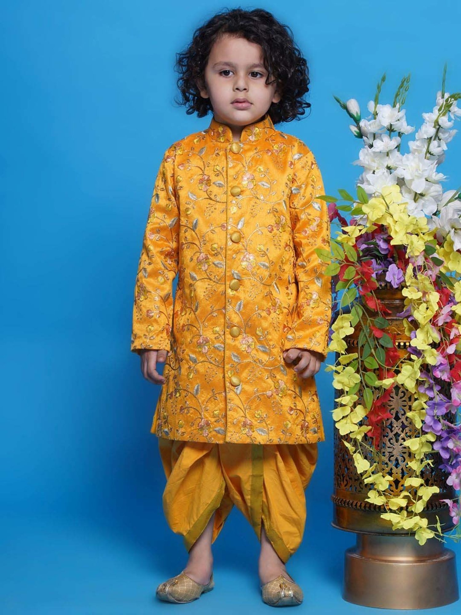 Little Bansi Boys Yellow Embroidery Full Sleeves Kurta Set