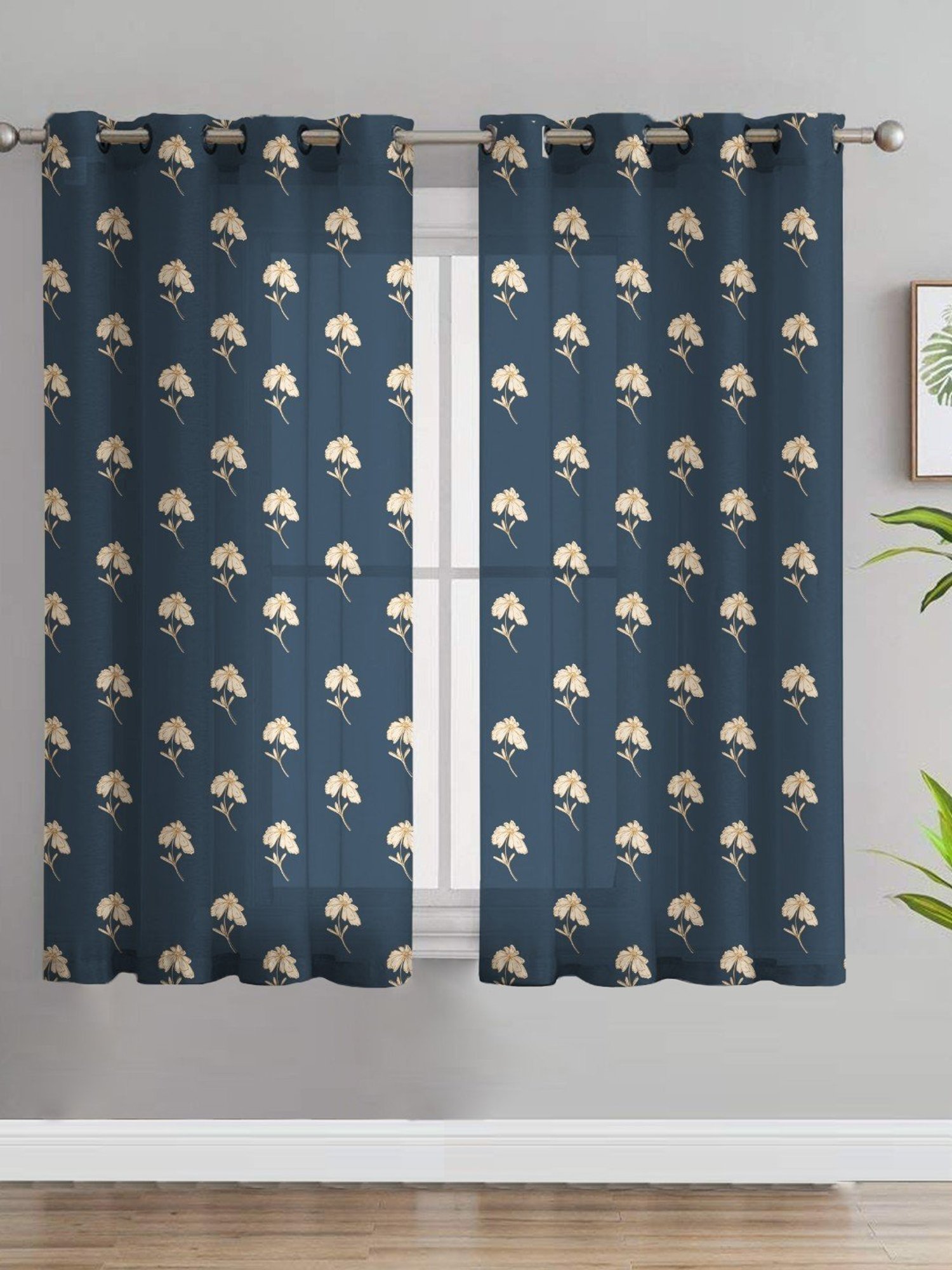 SPACES DRAPE STORY Boho Floral Blue Polyester 5 ft Sheer Window Curtains - Set of 2
