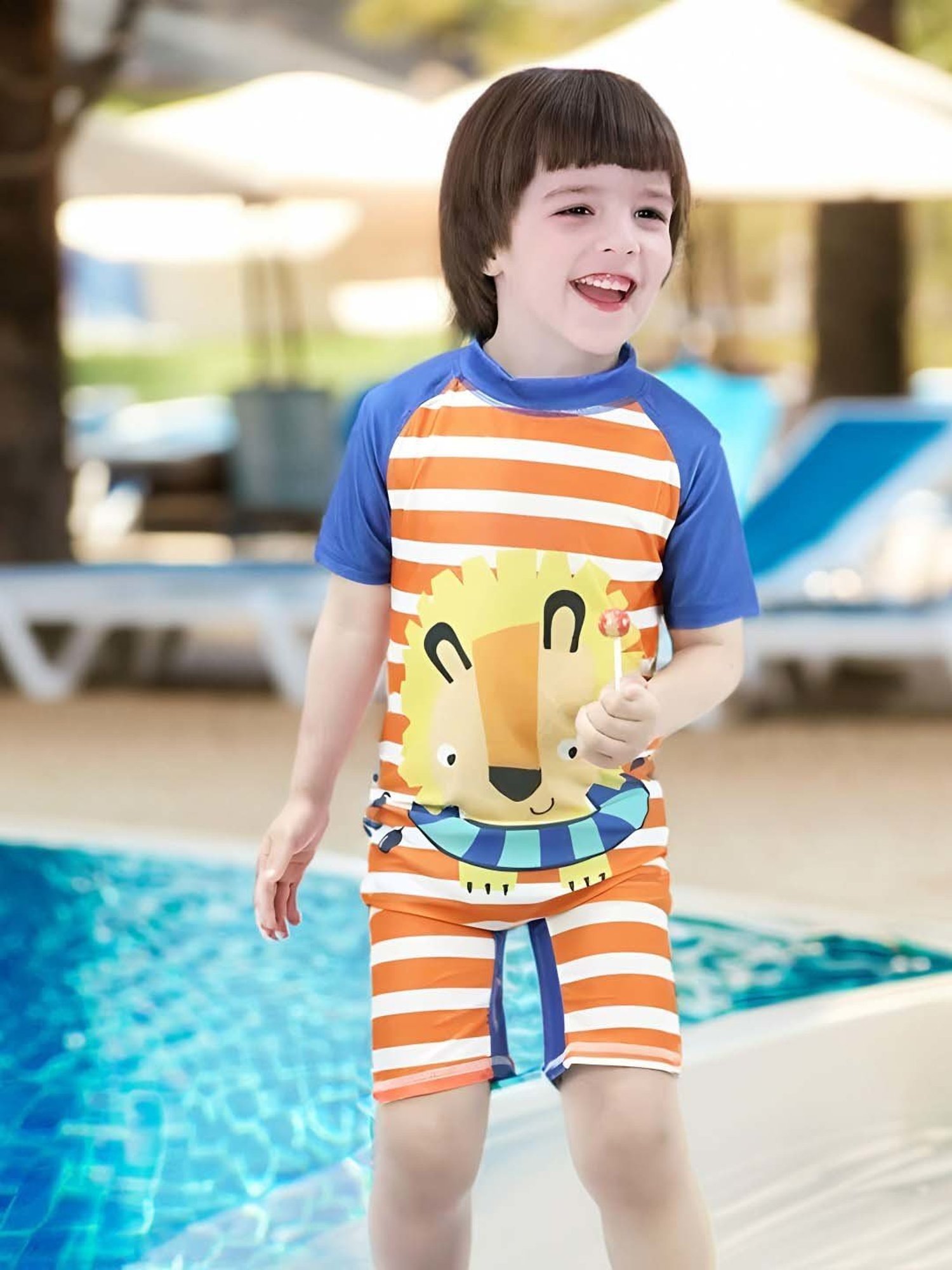 Baby Moo Kids Orange & Blue Printed Swimming Costume